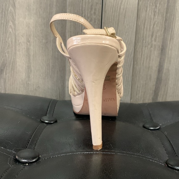 White House Black Market Cream Patent Leather Open Toe Criss Cross Shoes Size 6M - Picture 6 of 11